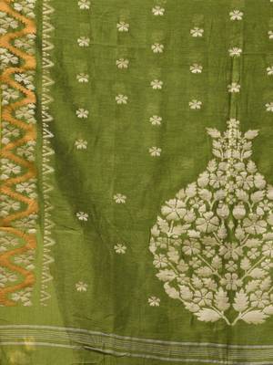 olive green cotton blend saree with ethnic motifs 4