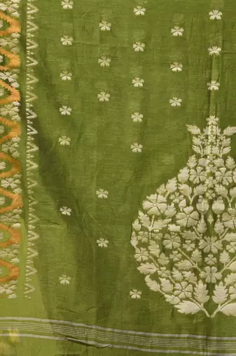 olive green cotton blend saree with ethnic motifs