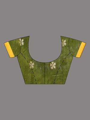 olive green cotton blend saree with ethnic motifs 5