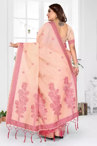 peach jacquard cotton blend saree with blouse 