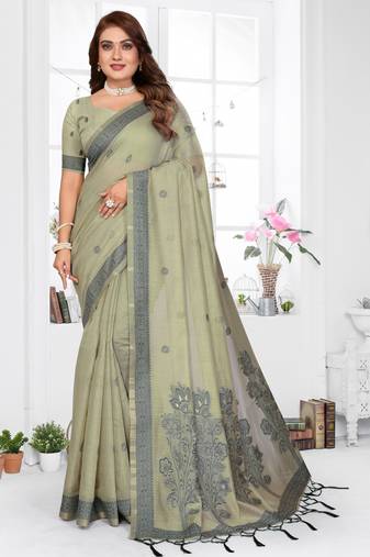 green jacquard cotton blend saree with blouse 