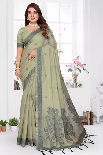green jacquard cotton blend saree with blouse 