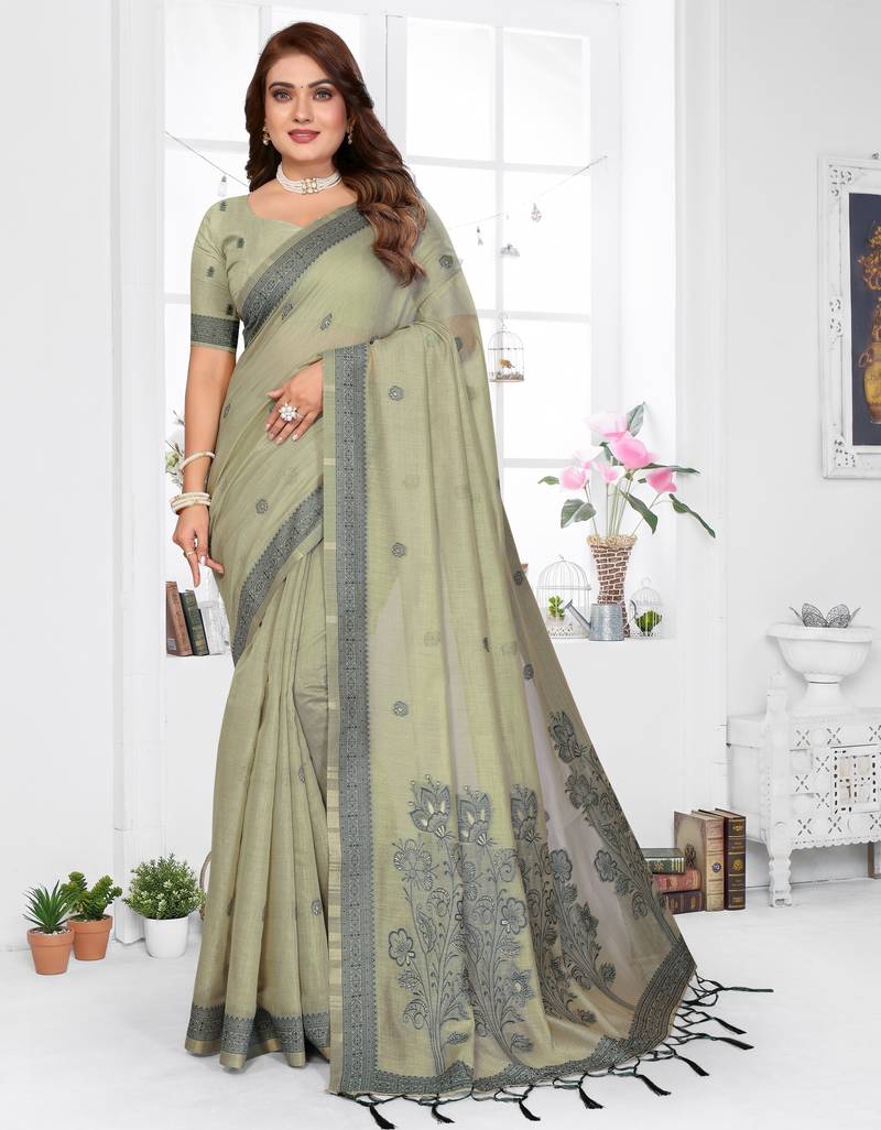 green jacquard cotton blend saree with blouse 