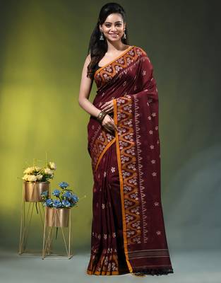 maroon cotton blend saree with ethnic motifs 1