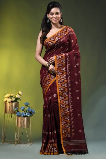maroon cotton blend saree with ethnic motifs