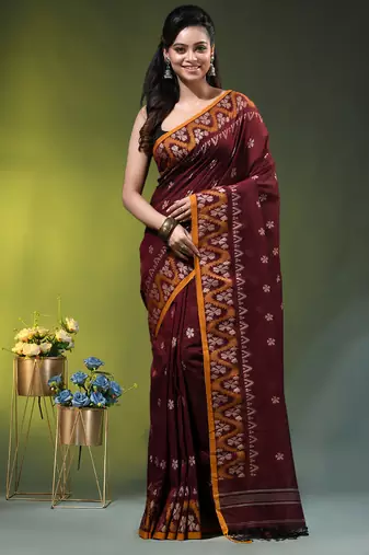 maroon cotton blend saree with ethnic motifs