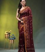 maroon cotton blend saree with ethnic motifs