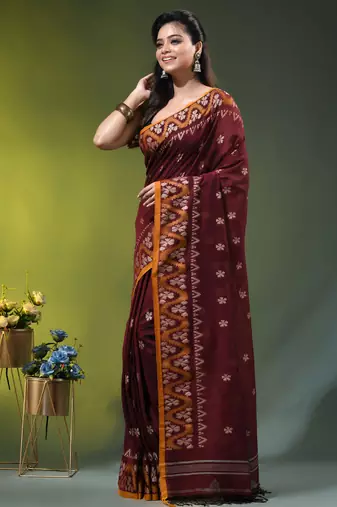 maroon cotton blend saree with ethnic motifs