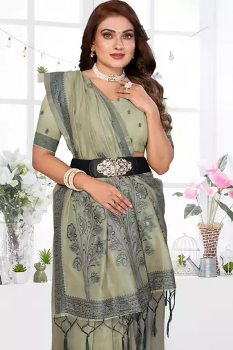 green jacquard cotton blend saree with blouse 