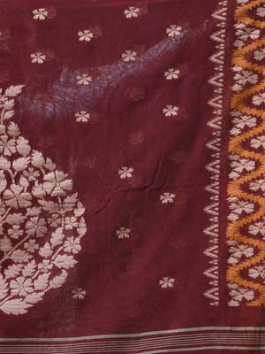 maroon cotton blend saree with ethnic motifs 4