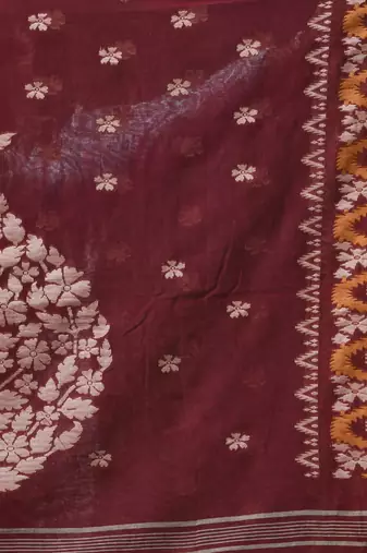 maroon cotton blend saree with ethnic motifs