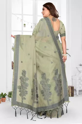 green jacquard cotton blend saree with blouse 