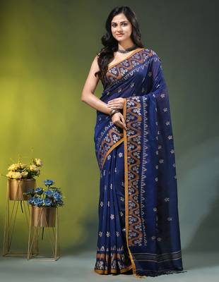 blue cotton blend saree with ethnic motifs 1