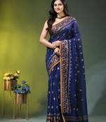 blue cotton blend saree with ethnic motifs
