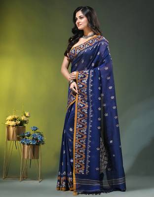 blue cotton blend saree with ethnic motifs 2