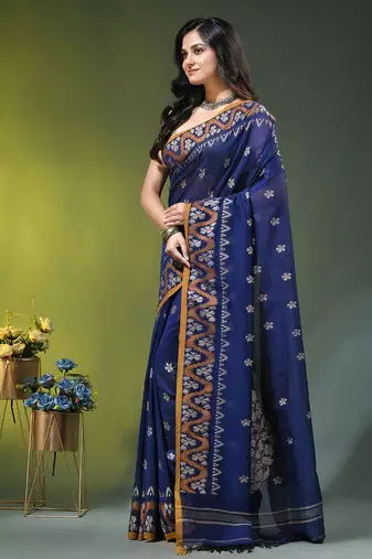 blue cotton blend saree with ethnic motifs