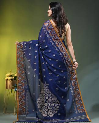blue cotton blend saree with ethnic motifs 3