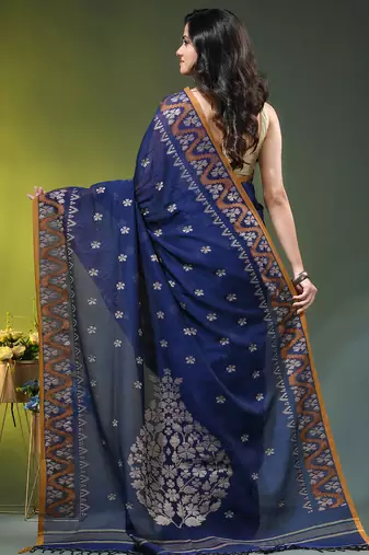 blue cotton blend saree with ethnic motifs