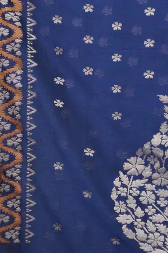 blue cotton blend saree with ethnic motifs