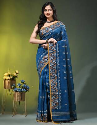 sapphire blue cotton blend saree with ethnic motifs 1