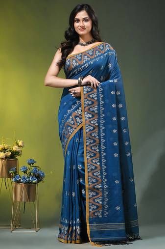 sapphire blue cotton blend saree with ethnic motifs