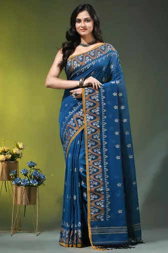 sapphire blue cotton blend saree with ethnic motifs
