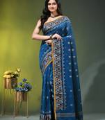 sapphire blue cotton blend saree with ethnic motifs