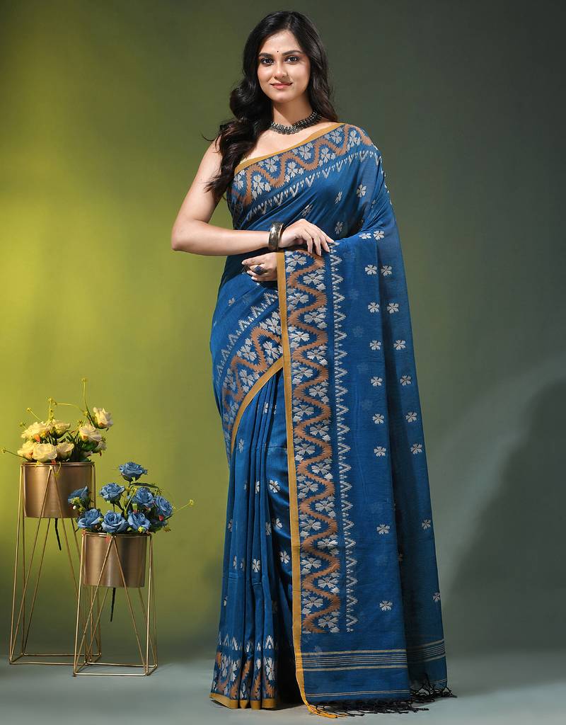 sapphire blue cotton blend saree with ethnic motifs