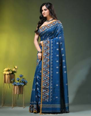sapphire blue cotton blend saree with ethnic motifs 2