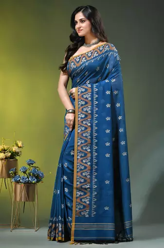 sapphire blue cotton blend saree with ethnic motifs