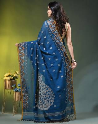sapphire blue cotton blend saree with ethnic motifs 3