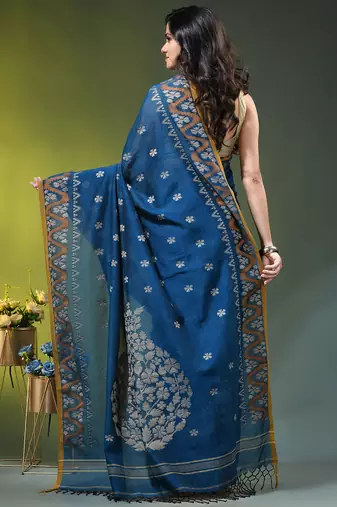 sapphire blue cotton blend saree with ethnic motifs