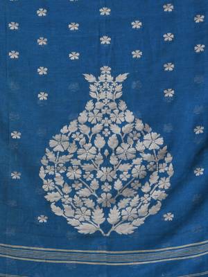 sapphire blue cotton blend saree with ethnic motifs 4