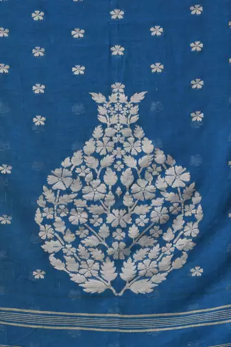 sapphire blue cotton blend saree with ethnic motifs