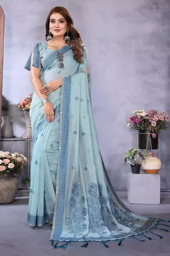 blue jacquard cotton blend saree with blouse 