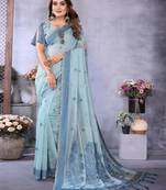 blue jacquard cotton blend saree with blouse 