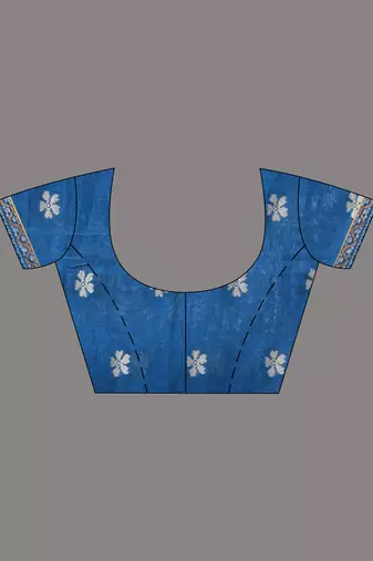 sapphire blue cotton blend saree with ethnic motifs