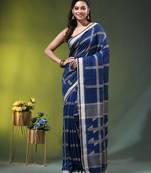 blue cotton blend saree with checkbox pattern
