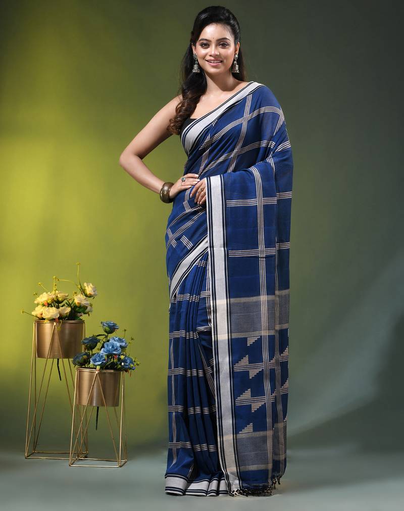 blue cotton blend saree with checkbox pattern