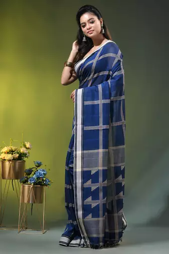 blue cotton blend saree with checkbox pattern