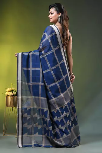 blue cotton blend saree with checkbox pattern
