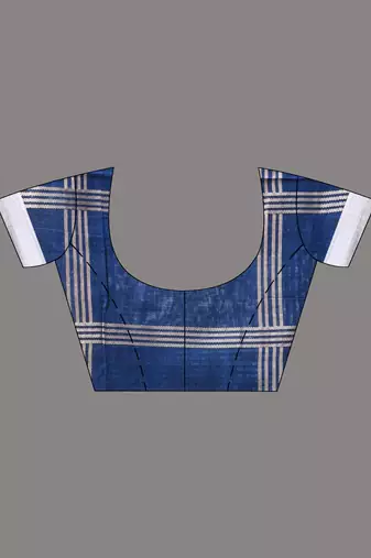 blue cotton blend saree with checkbox pattern