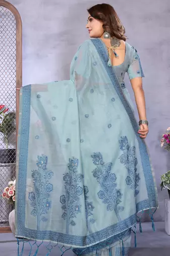 blue jacquard cotton blend saree with blouse 