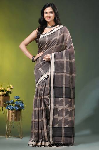 grey cotton blend saree with checkbox pattern