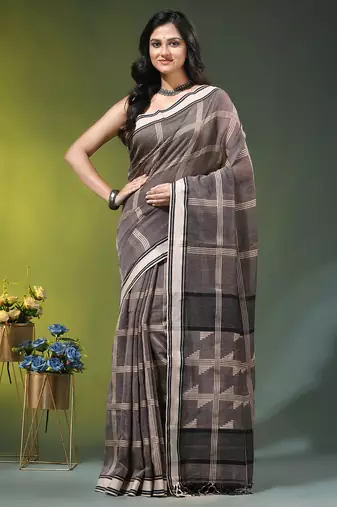 grey cotton blend saree with checkbox pattern