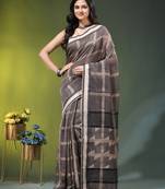 grey cotton blend saree with checkbox pattern