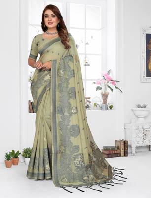 green jacquard cotton blend saree with blouse  1