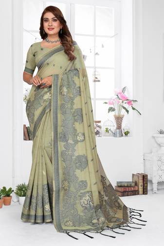 green jacquard cotton blend saree with blouse 