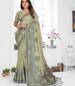 green jacquard cotton blend saree with blouse 