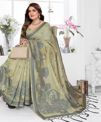 green jacquard cotton blend saree with blouse  2